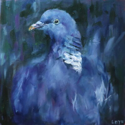 Portrait of a wood pigeon in blue and purple hues, with soft brush strokes highlighting its gentle gaze.